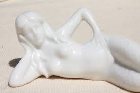 Wood hand carved mermaid lying on side vintage folk art painted nautical. Tiny China Mermaid Figurine Or Fish Bowl Tank Ornament Vintage German Porcelain