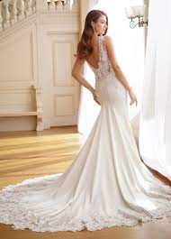 Stretch Satin Lace Bodice Fit Flare Wedding Dress 217225 Frances Fit And Flare Wedding Dress Wedding Dresses Fitted Wedding Dress