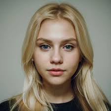 A close up of a woman with long blonde hair and a necklace