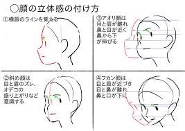 顔の立体感の付け方 横顔のラインを覚える 斜め顔は目と眉のズレ オデコの盛り上がりなど意識する アオリ顔は目と眉が離れ鼻と目が近く鼻から下が伸びる フカン顔は目と眉が近づき目と鼻が離れ鼻と口が下に art reference poses body reference drawing