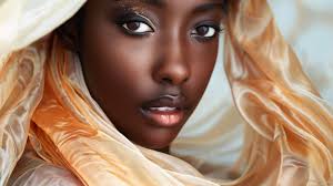 An exquisite ebony and ivory silk scarf is artistically dd over the head  and shoulders of a radiant