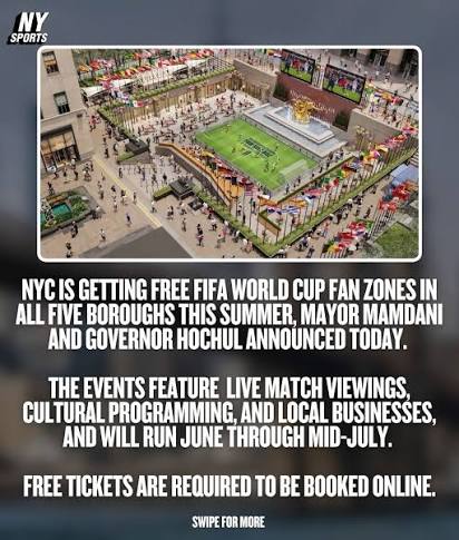 NYC is bringing the World Cup to every borough this summer with free fan  zones featuring live match viewings, cultural programming, and more ??  Free tickets will be made available online ?