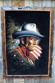 Huge Black Velvet Painting Of John Wayne With American Flag Stars And Stripes Background Retro Art Velvet Painting Painting