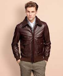 Men S Brown Leather Bomber Jacket Brooks Brothers Brown Leather Bomber Jacket Leather Jacket Outfit Men Leather Jacket