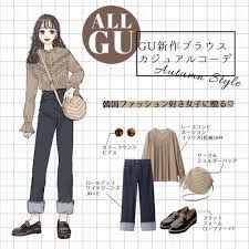 韓国ファッション好き女子に贈る gu新作ブラウスで秋のガーリースタイル この秋冬に活躍しそうなレトロ可愛い雰囲気のあるguのフェミニンブラウス フロントインしてデニムと合わせる着こなしがおすすめの1枚です イラス model pakaian jepang gaya busana