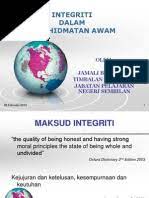 Integriti adalah kualiti unggul yang wujud secara keseluruhan dan padu pada individu dan organisasi. Integriti Dalam Perkhidmatan Awam