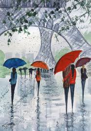 Original Signed Watercolour Painting Rainy Day Paris By Kj Carr Peinture Toile Illustration