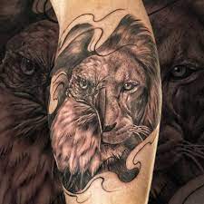 Black And Grey Realism Lion And Eagle Tattoo Lion Head Tattoos Eagle Tattoo Eagle Tattoo Design