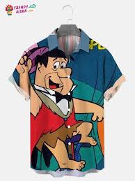 Men's Retro Flintstones Barney And Fred Bowling Print Aloha Shirt