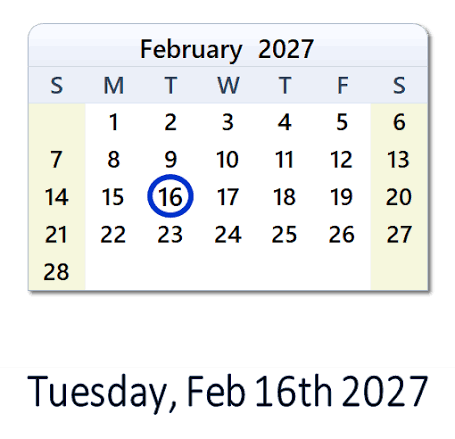 February 16, 2027 Calendar with Holidays & Count Down - USA