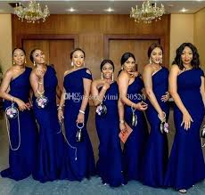 Blue One Shoulder Mermaid Bridesmaid Dresses Sweep Train Simple African Garden Country Mermaid Bridesmaid Dresses Royal Blue Bridesmaids Maid Of Honour Dresses