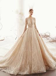 Champagne Ball Gown Tuller Sequins Long Sleeve Wedding Dress With Long Train Wedding Dress Couture Wedding Dress Long Sleeve