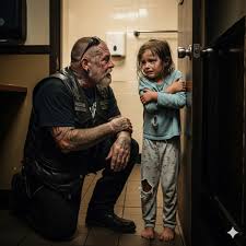 Old biker found little girl hiding in the restaurant's bathroom at midnight,  bruised and terrified, begging him not to tell her stepfather where she was.  Big Mike, all 280 pounds of tattooed