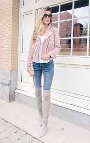 Fashion Blogger Wearing Loft Rosy Pink Mauve Faux Suede Moto Jacket Pink Moto Jacket Pink Jacket Outfit Blush Leather Jacket