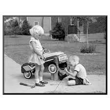 Art Com Children On Suburban Sidewalk Boy Playing As Mechanic Oiling Toy Pedal Car Mounted Photo Black Toy Pedal Cars Pedal Cars Vintage Pedal Cars