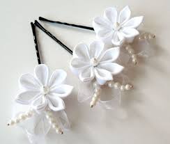 White Kanzashi Flower Hair Pins For Bride Wedding Hair Flowers Bridal Hair Accessories Fabric Flowers Flowers In Hair Kanzashi Flowers