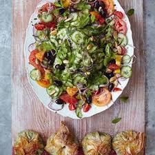 Modern Greek Salad Spinach Chickpea Feta Parcels Jamie Oliver Greek Salad Jamie Oliver Recipes Jamie S 15 Minute Meals