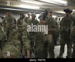 Combat medics with the Pennsylvania National Guard provide security while  another renders tactical field care to a simulated casualty as part of the  TC8-800 medic sustainment course March 2 at Fort Indiantown