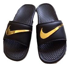 Black And Gold Nike Slides Custom Black Nike Sandals With Gold Swoosh Mysite Nike Sandals Black Nikes Nike Gold