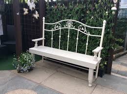 Made This Garden Seat With My Dad Using A Wrought Iron Head Board And Pallets Painted With Hammerite In S Painted Furniture Colors Garden Seating Shed Colours