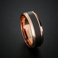 Tungsten Wedding Band 8mm Rose Gold Men S Tungsten Ring Polished Black Carbon Fiber Surface Beveled Edg Mens Gold Wedding Band Mens Wedding Bands Wedding Rings