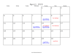 In april, many fruit trees see their buds blossom. April 2021 Calendar With Jewish Holidays