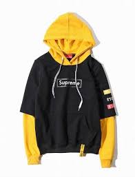 Black And Yellow Sweater Supreme Black Sleeve Splicing Yellow Pullover Embroidery Fleece Hoodie Supreme Fashion Menswear Hoodies Hoodies Online Fleece Hoodie