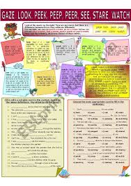 If you peek at something or someone, you have a quick look at them, often secretly. Collocation 19 Gaze Look Peek Peep Peer See Stare Watch Esl Worksheet By Evadp75