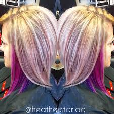 Heavy Blonde Highlight With Pink And Purple Peekaboos Peekaboo Hair Pink Blonde Hair Pretty Hair Color