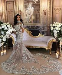 High Neck Silver Long Sleeve Lace Charming Mermaid Wedding Dresses Sheer Wedding Dress Bridal Gowns Vintage Cheap Wedding Dress