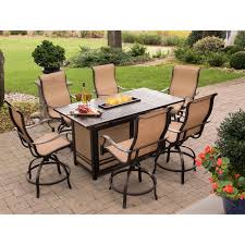 Outdoor Hanover Monaco Aluminum 7 Piece Rectangular High Dining Fire Pit Chat Set Patio Furniture In 2020 Fire Pit Dining Set Rectangular Fire Pit Patio Dining Set