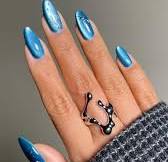 Sapphire Tears💧, …, I could just melt looking at these striking sapphire  glass nails w/ the solver details 🫠, ——, Products Used:, •sapphire blue  gel polish from Amzn (link in bio to shoppable photo in ...