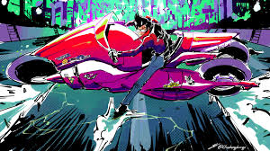 4th chaos emerald, travis touchdown, akira (manga), no more heroes,  commentary, english commentary, highres, 1boy, akira slide, black hair,  city, crossover, denim, glasses, jacket, jeans, kaneda shoutarous  bike, male focus, motor vehicle,