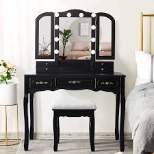 A matching black bedroom set, with a bed frame, nightstands and a dresser, can look stunning. Black Vanity Table Set With 10 Led Lights Tri Folding Necklace Hooked Mirror Makeup Dressing Table With 7 Drawers And Cushioned Wooden Stool Vanities Bedroom Furniture Gellyplast Com