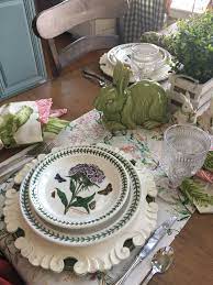 Spring Table With Portmeirion Botanic Garden Fresh Linens And Green Pottery Bunnies Garden Table Table Settings Easter Table Settings