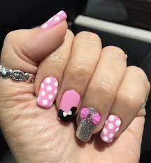Disney Minnie Mouse Dot Nails In Pink White And Silver Glitter Minnie Mouse Nails Disney Acrylic Nails Mickey Nails