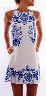 The Vogue Fashion Jean Jail Blue White Printed Dress Fashion Sleeveless Shift Dress Vogue Fashion