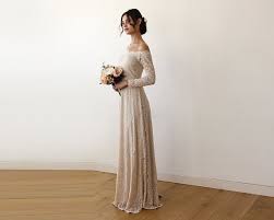 Sale Champagne Wedding Gown Off The Shoulder Floral Lace Long Etsy Wedding Dress Champagne Gold Lace Wedding Dress Long Sleeve Maxi Dress