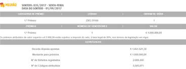 Euromilhões & milhão | sorteio de 17/01/2020 o nº de bilhetes registados em portugal para o sorteio desta noite do euromilhões foi de 2.026.110 e um deles foi o vencedor do 1º prémio no valor de 100.779.289,00 €. Milhao Sorteio 29 Wiikeyu Nl