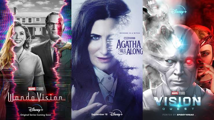 Los personajes principales de cada serie en la trilogía de #WandaVision:  Wanda y Vision. Agatha y Billy. Vision y Tommy.