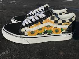 Black And White Checkered Vans With Sunflowers Sunflower Old Skool Checkerboard Vans Hand Painted By Me Custom Shoes Available On My Etsy Page Custom Vans Shoes Sneakers Men Fashion Custom Sneakers Vans