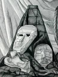 Black And White Still Life Drawing Still Life Drawing Of Masks In Black And White Value In Art Life Drawing Still Life Drawing