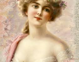 Vintage Victorian Pink Roses Emile Vernon Lady Victorian Graphic Image Art  Fabric Block Doodaba Barbiecore