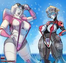 zestysauce, arcee, windblade (transformers), transformers, highres, 2girls,  areola slip, breasts, cameltoe, eyewear lift, hand on own hip, humanoid  robot, large breasts, multiple girls, open mouth, pubic tattoo, robot,  robot girl, slingshot swimsuit,