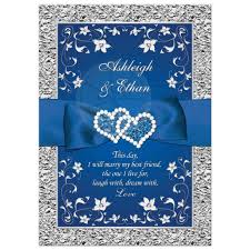 Royal Blue Wedding Invitation Faux Foil Silver Floral Printed Ribbon Bow Double Hearts Silver Wedding Invitations Blue Silver Weddings Blue Wedding Invitations