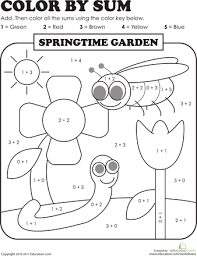 Our free math worksheets for grade 1 kids give you a peek into what's in store! Color By Sum Springtime Garden Worksheet Education Com Addition Kindergarten Math Coloring Worksheets 1st Grade Worksheets