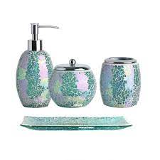 Your bath time will be transformed forever as you lay back and relax with our designer shower accessories include shower curtains that will add colour and pattern to your bathroom. Whole Housewares 4 Pieces Bathroom Accessory Set Bright Colored Mosaic Glass Bath Ensemble Lotion Dispenser Toothbrush Holder Cotton Jar Vanity Tray Green Bathroom Accessories Amazon Com Au