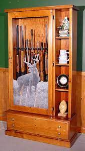 We offer gun cabinets in oak, cherry, mahogany, hickory, pine, walnut, maple and knotty alder. Scout Products Llc