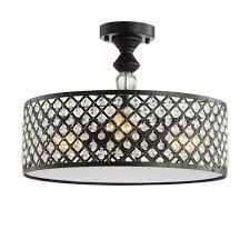 Contemporary black led flush mount light drum shape 4/6/8 lights clear crystal ceiling lamp for bedroom. 17 Elise 3 Light Crystal Metal Drum Semi Flush Mount Black Jonathan Y Target