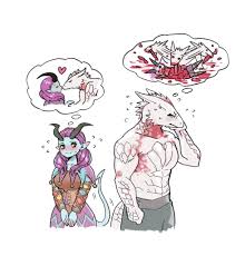 the dark urge (baldurs gate), baldurs gate, baldurs gate  3, highres, 1boy, 1girl, alfira, bard, bell, black sclera, blood, blush,  cannibalism, colored sclera, cropped legs, dragon boy, entrails, horns,  imagining, imminent kiss,